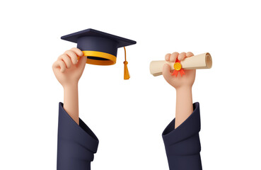 Wall Mural - 3D illustration of student hands holding graduation cap and diploma scroll up isolated on white background. Celebrating school, university, college degree. Symbol of education and successful future