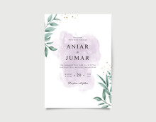 Wedding Invitation Card With Green Leaves And Watercolor Purple Splash