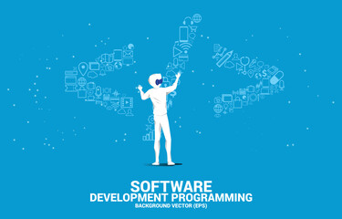 Wall Mural - silhouette man wear vr glasses and software development programming tag with functional utility icon
