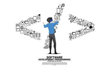 Wall Mural - silhouette man wear vr glasses and software development programming tag with functional utility icon