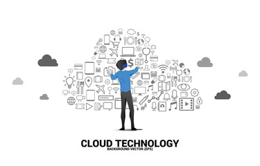 Poster - Silhouette man wear VR glasses and Cloud computing network technology shaped with utility functional icon.Concept of cloud server, Storage and data