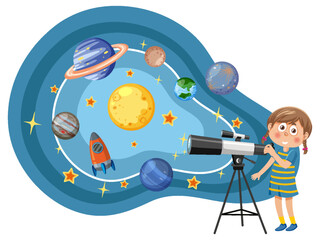 Wall Mural - girl observing planets with telescope