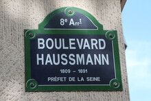 Boulevard Haussmann Street Sign , One Of The Most Famous Boulevards In Paris, France.