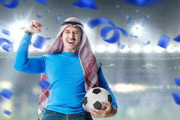 Poster - Asian man with keffiyeh standing while holding the ball with an excited expression