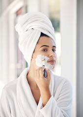 Canvas Print - Skincare, facial cream and woman with brush apply face mask for beauty treatment, morning bathroom routine or healthcare. Dermatology, spa salon and girl with luxury cosmetics product for skin glow