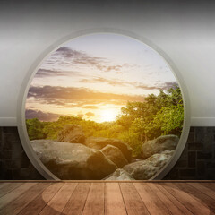 Wall Mural - Circle gate with a view of green garden and trees