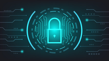 digital padlock with HUD virtual screen and green lighting on dark background. cyber security technology and privacy data protection concept