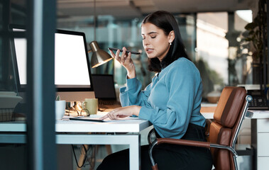 Poster - Phone call, woman and computer in office at night with screen, space and mockup, speaker phone and ask siri. Blank, monitor and businesswoman talking phone recording for note, reminder and calendar
