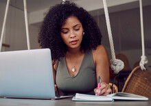 Black Woman, Laptop And Writing In Notebook For Planning Schedule, Calendar Or Dairy For Task Reminder At Home. African American Female Designer Or Event Planner Taking Notes For Project Plan Or Idea