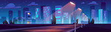 Car Road With Street Lights And City Buildings At Night. Urban Landscape With Empty Highway, Houses, Trees And Stars In Dark Sky At Evening, Vector Cartoon Illustration