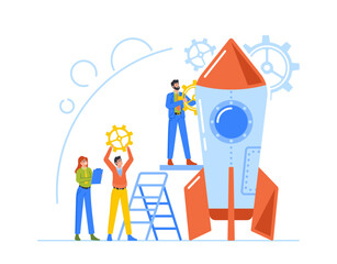 Wall Mural - Creative Team Launch Rocket, Businesspeople with Huge Gears Prepare Spaceship for Take Off, Launching Business Project