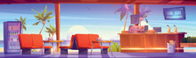 Cafe Interior With Tropical Beach Seaview With Palms Through Wide Windows. Fast Food Bistro With Tables, Seats, Beer Taps, Potted Plants, Electronic Display And Menu, Cartoon Vector Illustration