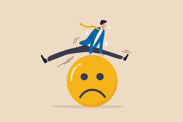 Overcome stress and anxiety, emotional problem, uncertainty or worried about work, depression or mental illness, sad and stressful concept, businessman jump over sad and negative emotion face.