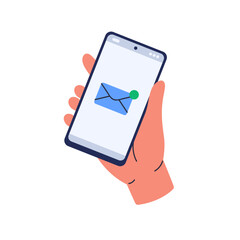 Inbox mail in cell phone app. Smartphone in hand with new message, unread letter. Incoming email, receiving sms on mobile telephone screen. Flat vector illustration isolated on white background