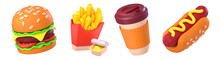 3d Render Fast Food Burger, French Fries, Coffee Cup And Hotdog. Fastfood Restaurant Meals And Drink. Traditional American Snacks Isolated On White Background Cartoon Illustration In Plastic Style