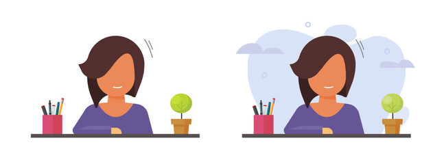 Wall Mural - woman teacher sitting on table desk vector or secretary reception smiling young girl portrait flat c
