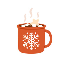Cocoa With Marshmallow In Cup. Winter Drink, Hot Chocolate In Christmas Mug. Warm Sweet Xmas Cacao, Choco Beverage With Yummy Candies And Steam. Flat Vector Illustration Isolated On White Background