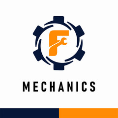 Wall Mural - Initial F Letter with Gear and Wrench symbol for mechanic automotive repair business service logo template