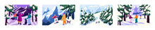 People In Winter Forests Set. Families, Friends, Couples Walking, Hiking In Frost, Cold Weather Landscapes. Characters In Wood, Relaxing Outdoors At Leisure, On Holiday. Flat Vector Illustrations