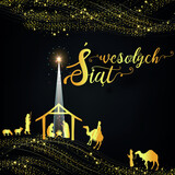 kartka lub baner na Wesołych Świąt w kolorze złotym na czarnym tle z brokatem i szopką ze zwierzętami i Trzema Królami w złocie