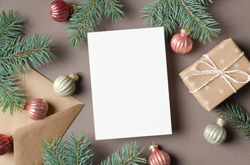 Christmas greeting card mockup with gift box, copy space