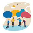 © master1305 - Vector illustration with group of different ages people thinking, talking. Concept of business, communication, partnership, problem solving, innovative business approach, brainstorming