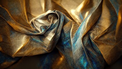 Luxury golden silk folds with touch of blue color, close up