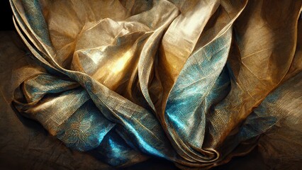 Luxury golden silk folds with touch of blue color, close up