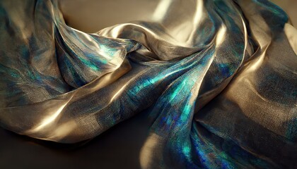 Wall Mural - Luxury golden silk folds with touch of blue-green color, close up