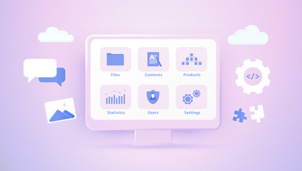 CMS - Content Management System 3D concept. Web site builder, security configuration, create and publish articles, administration, statistics and management software