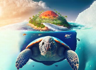 Tropical island with palm trees and a paradise beach, floating in the sea, made on the shell of giant green turtle swimming underwater. Background with copy space