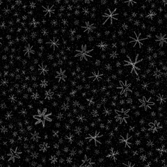 Wall Mural - Hand Drawn Snowflakes Christmas Seamless Pattern. Subtle Flying Snow Flakes on chalk snowflakes Background. Authentic chalk handdrawn snow overlay. Quaint holiday season decoration.