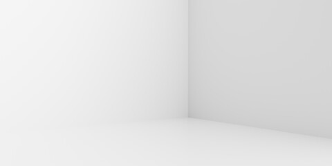 Poster - White room corner empty interior wall design on modern floor light indoor 3d home background of blank space perspective creative studio stage concept or simple presentation showroom display backdrop.