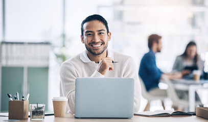 Fototapete - Business man, laptop and smile of asian worker in creative office for digital marketing, management and copywriting for social media target audience. Portrait of entrepreneur at desk for online work