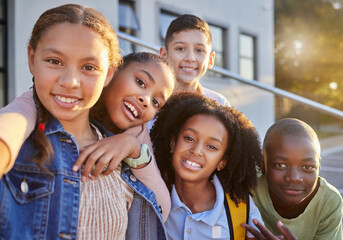 friends, smile and selfie with children in school for teamwork, education and diversity. support, sc
