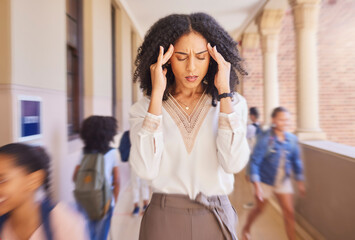 Headache, tired and stress teacher in school with fast children thinking of work stress, education mindset and management challenge in hall. Black woman sad, angry and pain with speed or busy campus