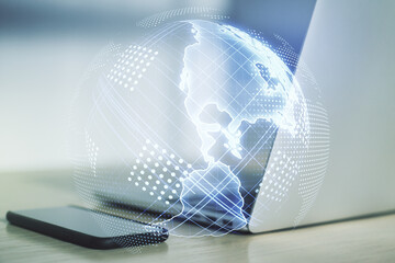 Wall Mural - double exposure of digital america map on laptop background, research and strategy concept