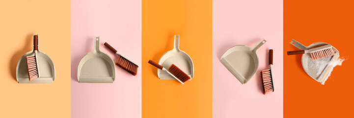 Wall Mural - Collage of dustpan and brush on color background