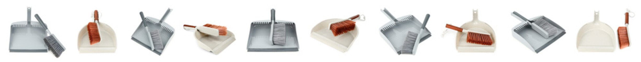 Wall Mural - Set of dustpans and brushes on white background