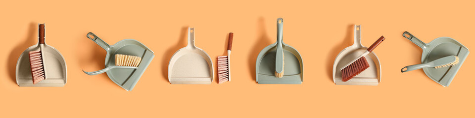 Wall Mural - Collage of dustpans and brushes on orange background