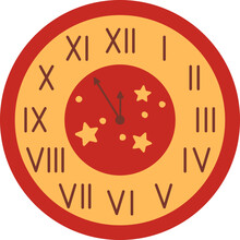 Christmas Wall Clock With Stars Isolated On White Background. Countdown Clock To The New Year. Roman Numerals. Vector Flat Illustration