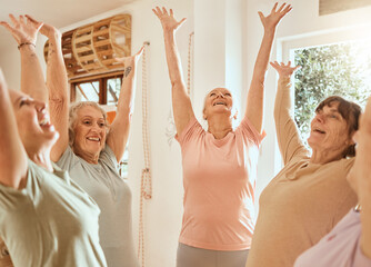 Canvas Print - Fitness, success and senior women with their hands up in celebration after yoga or pilates training class. Smile, teamwork and happy elderly friends celebrate wellness goals or target in retirement