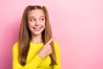 Poster - Photo of adorable cute positive lady arm direct empty space look interesting news banner billboard board isolated on pink color background