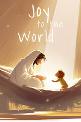 Wall Mural - Christmas time. Mary with Jesus in the manger. Ink style. Joy to the world. Digital art image.