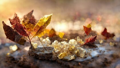 Wall Mural - beautiful autumn nature background with gold and yellow fallen maple leaves in sunlight. Autumn landscape with blurry defocused park in background..