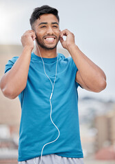 Poster - Man, music and earphones for city exercise for wellness, training and running by blurred background. Happy runner, listening and streaming on internet, web or app to relax at workout in urban metro