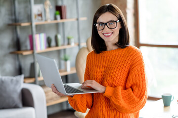 Poster - Portrait of joyful positive cheerful cute lady chief journalist writing editing news newscast information work modern workplace indoors