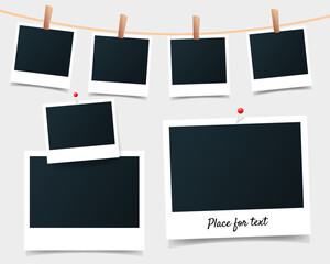 Wall Mural - Big set of blank set photo picture frames on gray background. Retro snapshots, instant photos mockup hanging on a thread or attached with buttons. Realistic template with shadow. Vector illustration