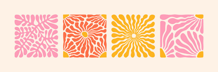 Wall Mural - Groovy abstract flower art set. Organic doodle shapes in trendy naive retro hippie 60s 70s style. Contemporary poster and background. Floral botanic vector illustration in pink, yellow, orange colors.