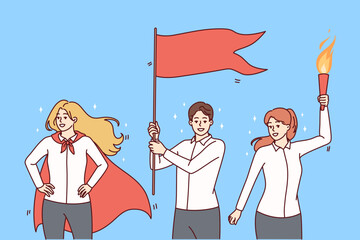 Wall Mural - Happy businesspeople with flag and fire celebrate shared business success. Smiling employees striving for win or victory at workplace. Teamwork. Vector illustration. 